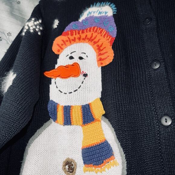 Vintage Quacker Factory Black Cardigan 1X Snowmen Christmas Winter Cat Holiday - Picture 5 of 9